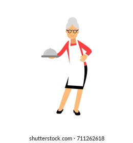 Senior woman character standing and holding platter cloche colorful vector Illustration