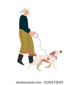 Personagem de mulher sênior Walking Dog com Leash Vetor Ilustração