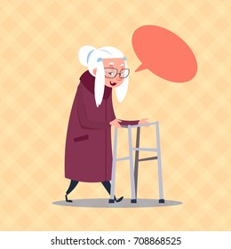 Senior Woman With Chat Bubble Modern Grandmother Full Length Lady Flat Vector Illustration