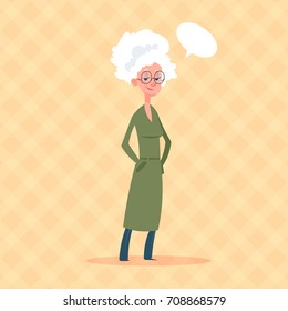 Senior Woman With Chat Bubble Modern Grandmother Full Length Lady Flat Vector Illustration