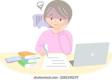 Senior woman with a cheek face studying