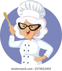 
Senior Woman Chef Holds the Wooden Spoon Vector Character. Cheerful elderly lady making yummy recipes 
