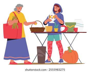 Senior woman choosing obsolete second hand household items at neighborhood garage sale scene isolated on white. Customer and saleswoman characters making bargain at flea market vector illustration