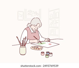 Senior woman coloring picture. Hand drawn style vector design illustrations.