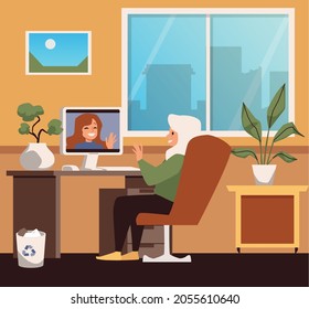 Senior woman communicating via virtual conference app with relatives, flat vector illustration. Older people using modern computer computer technologies.