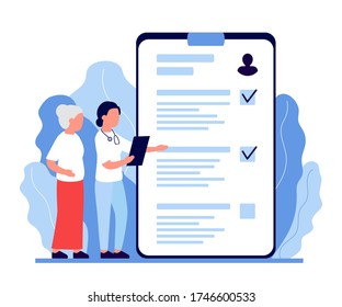 Senior woman in consultation with doctor, nurce. Health monitoring in old age. Verification and decoding of analyzes in old age. Communication, support of medical personnel. Vector flat illustration