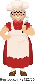 Senior woman cook in a chef hat and kitchen apron. Vector cartoon character granny housewife in traditional village clothes