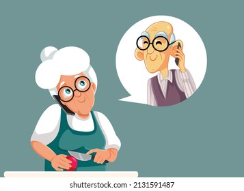 
Senior Woman Cooking Talking to Husband Over the Phone. Elderly couple speaking on the phone chatting about dinner plans
