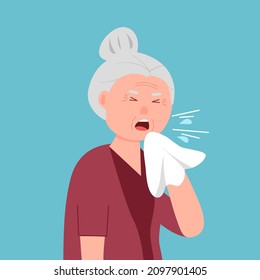 Senior woman coughing concept vector illustration. Sick person from cold, flu and virus, influenza in flat design. Grandmother  holding handkerchief sneeze and cough.