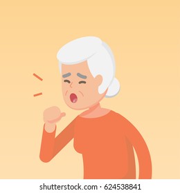 Senior woman coughing, sickness allergy concept, Vector flat illustration.