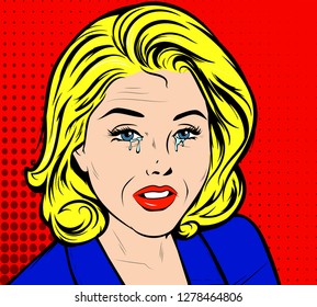 Senior woman crying. Upset female burst into tears. Bad mood, sad after quarrel. Vector illustration in Comic Book Pop Art retro vintage style