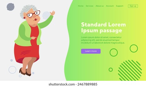 Mujer mayor bailando Ilustración vectorial plana. Personaje de anciana en gafas y con el pelo rizado gris. Ocio, concepto de jubilación para el Anuncio, diseño de Sitios web o página de destino
