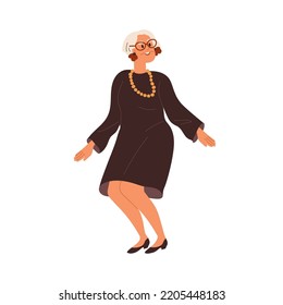 Mujer mayor bailando, usando elegante vestido de noche, accesorios, joyería. Feliz baile de ancianas. Mujer de edad avanzada gris mudándose a la música. Ilustración vectorial gráfica plana aislada en fondo blanco