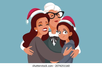 Senior Woman with Daughter and Granddaughter Celebrating Christmas Together. Multi-generational family of women enjoying winter holidays together
