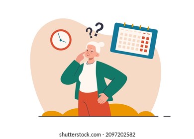 Senior woman with dementia trying to remember time or date with watch and calendar. Memory loss, disorientation, alzheimer disease. Mental illness concept. Modern flat vector illustration 