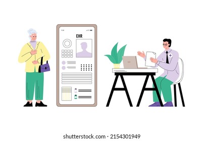 Senior Woman And Doctor Checking Electronic Health Record, Flat Vector Illustration Isolated On White Background. Elderly Patient Visiting Doctor. Concept Of Online Health Information.