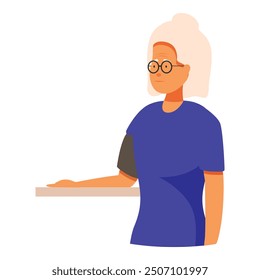 Senior woman doctor wearing glasses and putting her arm on a counter, healthcare professional at work