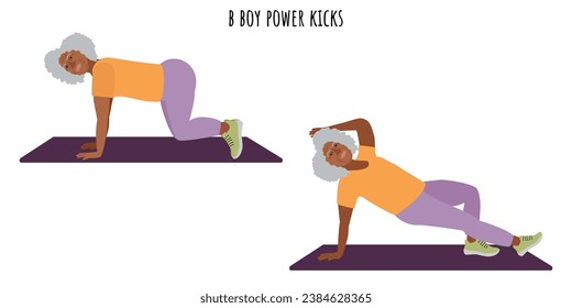 Senior woman doing b boy power kicks exercise. Active lifestyle. Flat vector illustration