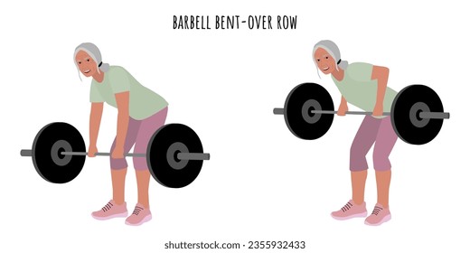 Senior woman doing barbell bent-over row exercise. Sport, wellness, workout, fitness. Flat vector illustration