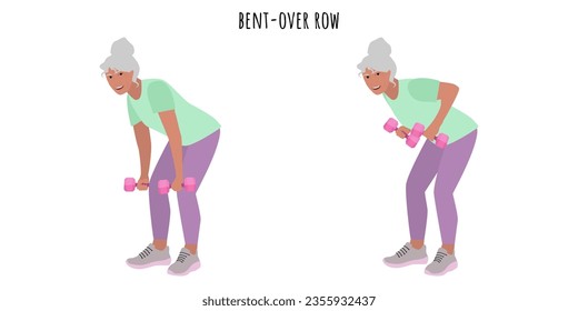 Senior woman doing bent-over row exercise. Sport, wellness, workout, fitness. Flat vector illustration