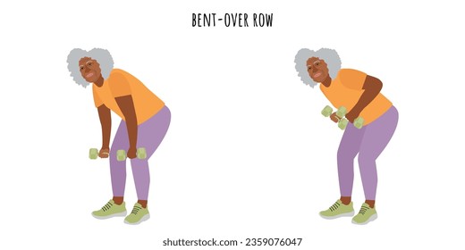 Senior woman doing bent-over row exercise. Sport, wellness, workout, fitness. Flat vector illustration