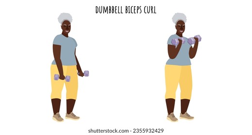 Senior woman doing dumbbell biceps curl exercise. Sport, wellness, workout, fitness. Flat vector illustration