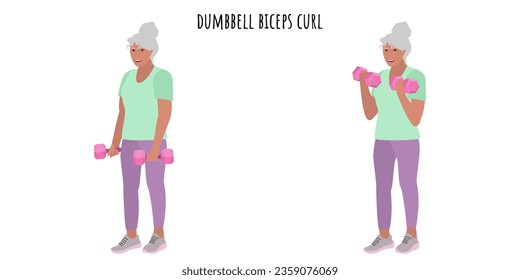 Senior woman doing dumbbell biceps curl exercise. Sport, wellness, workout, fitness. Flat vector illustration