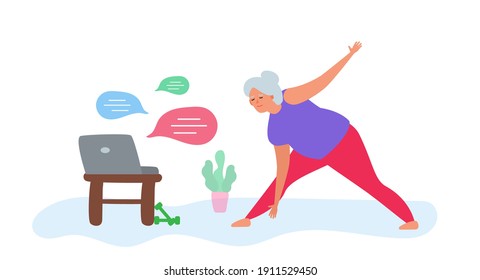 Senior Woman Doing Exercise  At Home Watching Laptop Online Training Healthy Lifestyle Vector Illustration