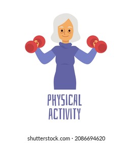 Senior woman doing fitness exercise with sport equipment. Cartoon old lady lifting dumbbell weights and smiling, isolated vector illustration of healthy elderly person