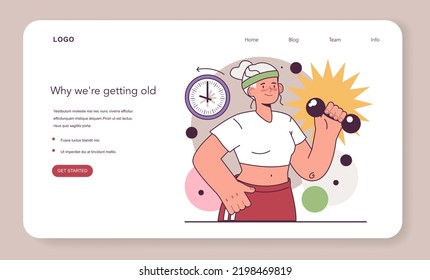 Senior woman doing fitness exercise with sport equipment. Old lady lifting dumbbell weights and smiling. Longevity, healthy and active lifestyle. Flat vector illustration