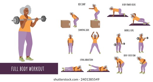 Senior woman doing full body workout. Woman doing fitness exercises. Mountain Climbers, Jumping Jack, Leg raise, barbell curl, squat, jump rope high knee, bent-over row