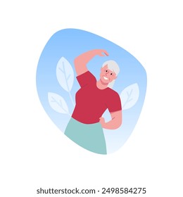 Senior woman doing gymnastics exercises. Cartoon elderly grandmother perform fitness practice. Strong retired character training workout. Healthy active sport lifestyle vector flat illustration