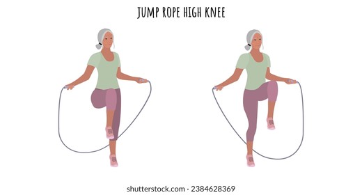 Senior woman doing jump rope high knee exercise. Active lifestyle. Flat vector illustration