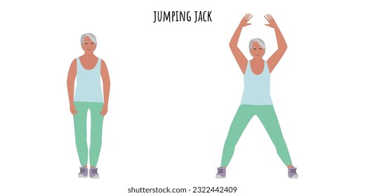 Senior woman doing Jumping Jack exercise. Sport, wellness, workout, fitness. Flat vector illustration