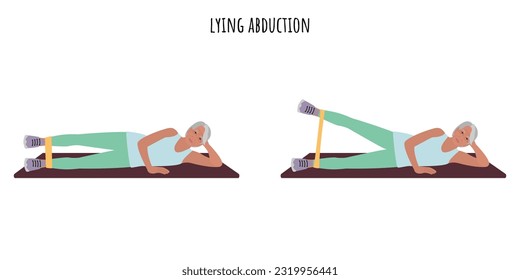 Senior woman doing lying abduction exercise. Sport, wellness, workout, fitness. Flat vector illustration