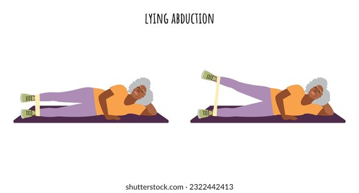 Senior woman doing lying abduction exercise. Sport, wellness, workout, fitness. Flat vector illustration