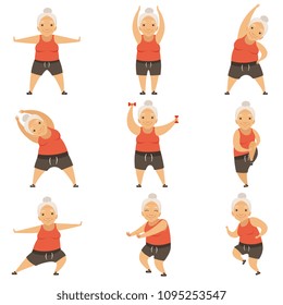 Senior woman doing morning exercises, active and healthy lifestyle of retired people vector Illustration on a white background