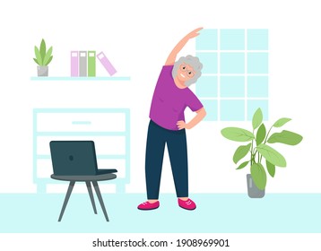 Senior Woman Doing Sport Exercise Online Staying At Home. Home Fitness Or Online Yoga Concept. Healthy And Active Lifestyle Template Or Banner. Vector Flat Illustration.