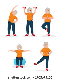 Senior woman doing sport exercises. Active and healthy lifestyle concept. Retired person character. Vector illustration icons on white background.