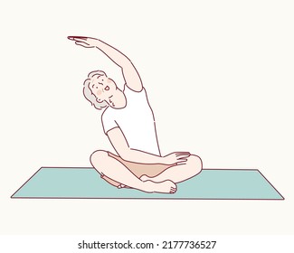 Senior woman doing sports, grandmother character doing morning exercises. Hand drawn style vector design illustrations.