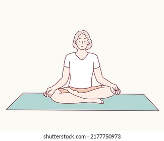 Senior woman doing sports, grandmother character doing morning exercises. Hand drawn style vector design illustrations.