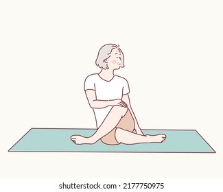 Senior woman doing sports, grandmother character doing morning exercises. Hand drawn style vector design illustrations.