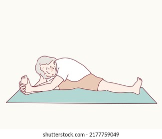 Senior woman doing sports, grandmother character doing morning exercises. Hand drawn style vector design illustrations.