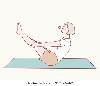 Senior woman doing sports, grandmother character doing morning exercises. Hand drawn style vector design illustrations.