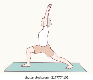 Senior woman doing sports, grandmother character doing morning exercises. Hand drawn style vector design illustrations.