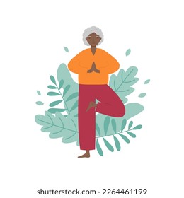 Senior woman doing yoga with leaves background. Old woman practicing meditation, exercising, keeping active healthy lifestyle. Isolated vector illustration