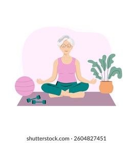 Senior woman doing yoga sitting in lotus position. Grandmother at home training. Active lifestyle, fitness, workout and sports. Elderly character with dumbbells. Flat character vector illustration. 