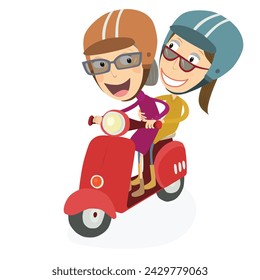 Senior woman and woman driving a scooter. Vector Illustration.