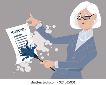 Senior Woman Dusting Off Her Resume, Returning To Work, ESP 8 Vector Illustration