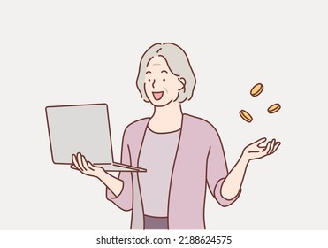 senior woman earning money. laptop. Hand drawn style vector design illustrations.